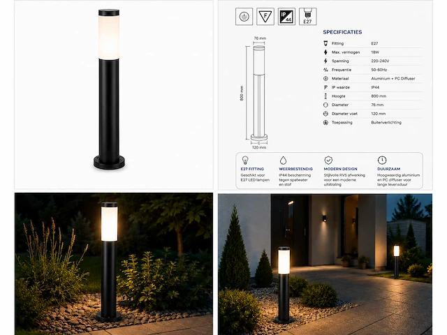 8 x led tuinlamp – e27 – ip44 – zwart – 80cm – buitenverlichting – kavak-5 - afbeelding 11 van  15