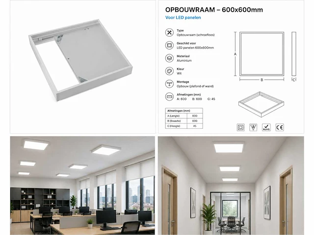 8 x opbouw frame voor led paneel – 600x600mm – ip20 – frame-6060 - afbeelding 1 van  5