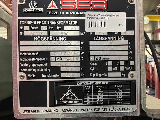 800 kva sea transformator 21.500 / 1.000 volt - afbeelding 5 van  13