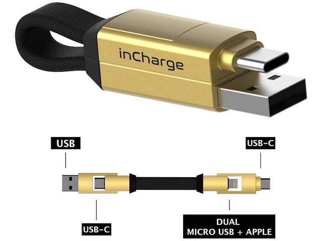 8x laad+datakabel 6-in-1 sleutelhanger 9cm incharge, goud - afbeelding 4 van  4