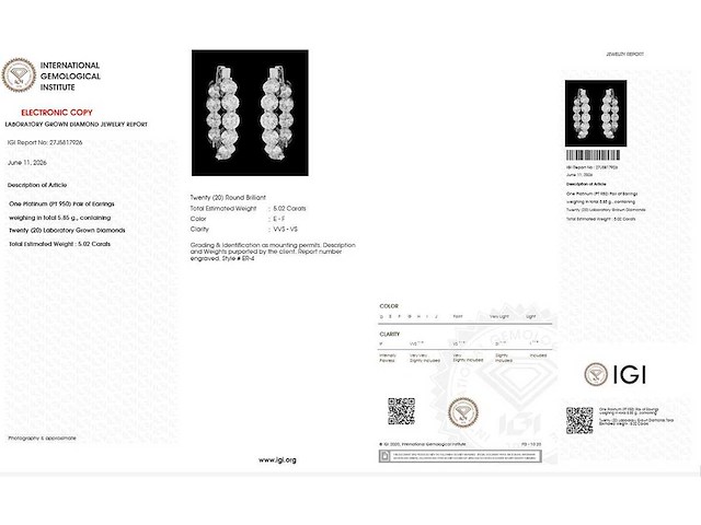 950 platina oorringen met 5,02 ct. diamant - afbeelding 2 van  8