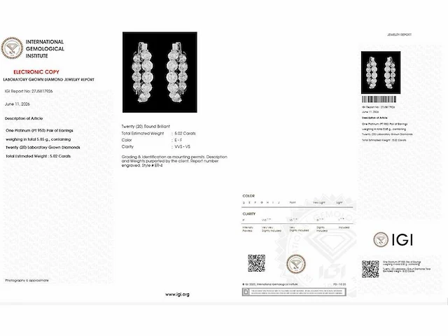 950 platina oorringen met 5,02 ct. diamant - afbeelding 2 van  8