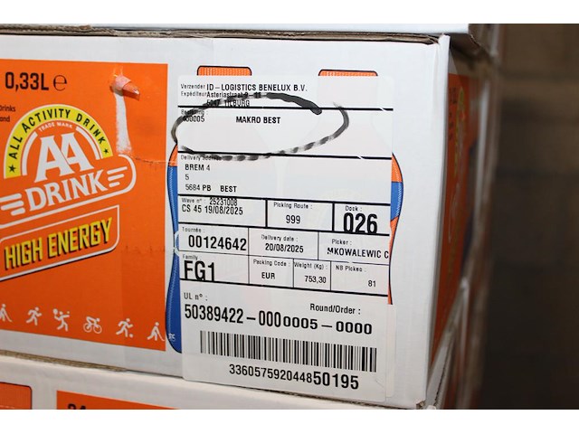 Aa-drink high energy. 81 dozen a 24 stuks op pallet. 1944 flesjes a 0,33 cl. tht 4-26. bod is inclusief 29... - afbeelding 3 van  4