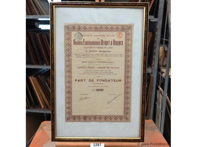 Aandeelbewijs (part de fondateur) uit 1923 voor de belgische vennootschap "anciens établissements beroff & horinek" - afbeelding 1 van  5