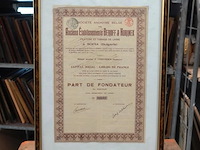 Aandeelbewijs (part de fondateur) uit 1923 voor de belgische vennootschap "anciens établissements beroff & horinek" - afbeelding 1 van  5
