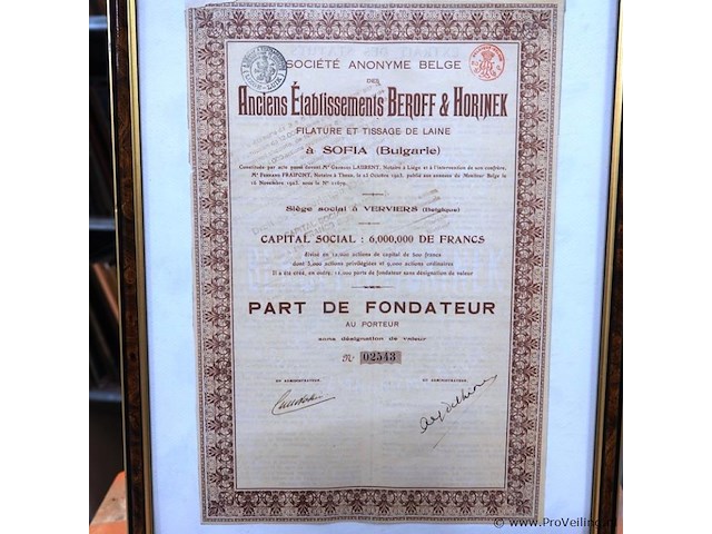 Aandeelbewijs (part de fondateur) uit 1923 voor de belgische vennootschap "anciens établissements beroff & horinek" - afbeelding 2 van  5