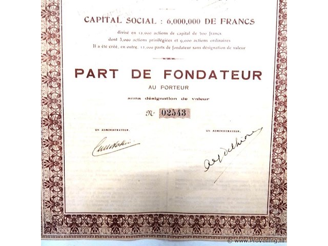 Aandeelbewijs (part de fondateur) uit 1923 voor de belgische vennootschap "anciens établissements beroff & horinek" - afbeelding 4 van  5