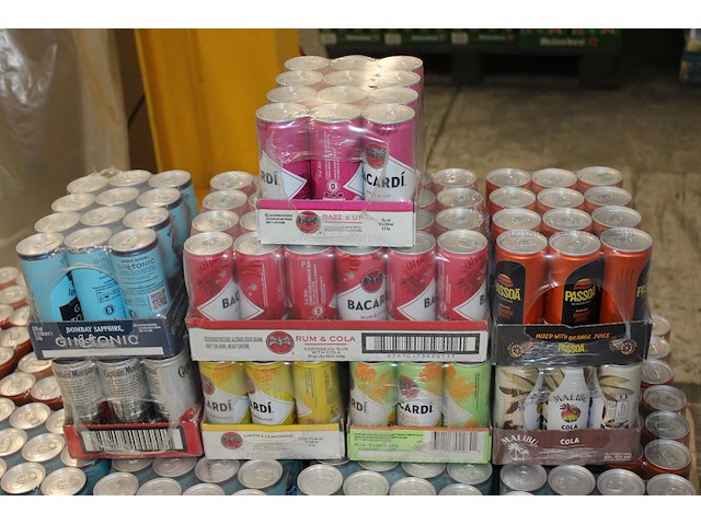 Acht verpakkingen mixdranken w.o. bacardi, malibu, passoa en captain morgan. tht vnl. 2026. totaal 108 blik... - afbeelding 1 van  2