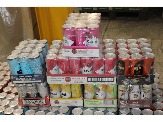Acht verpakkingen mixdranken w.o. bacardi, malibu, passoa en captain morgan. tht vnl. 2026. totaal 108 blik... - afbeelding 1 van  2