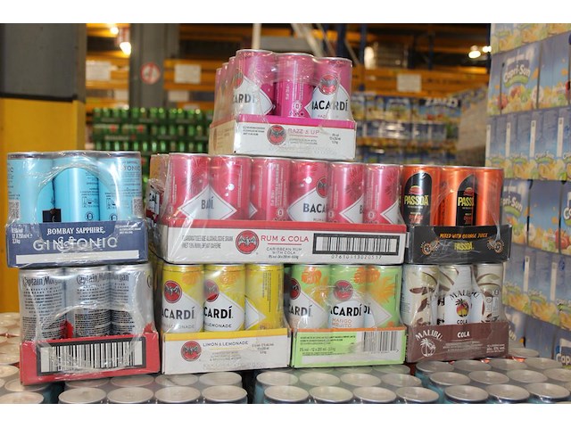 Acht verpakkingen mixdranken w.o. bacardi, malibu, passoa en captain morgan. tht vnl. 2026. totaal 108 blik... - afbeelding 2 van  2