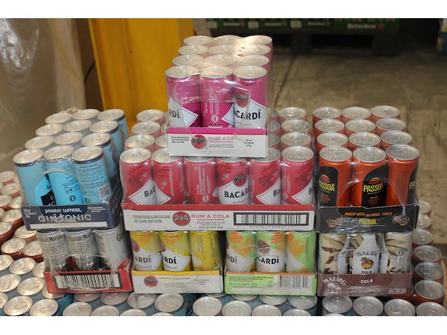 Acht verpakkingen mixdranken w.o. bacardi, malibu, passoa en captain morgan. tht vnl. 2026. totaal 108 blik... - afbeelding 1 van  2