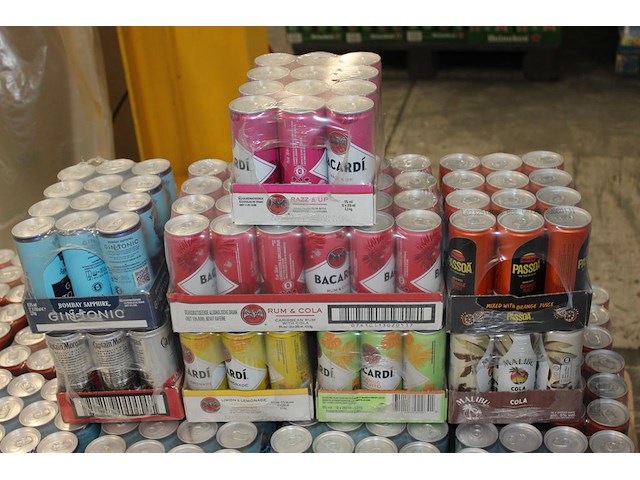 Acht verpakkingen mixdranken w.o. bacardi, malibu, passoa en captain morgan. tht vnl. 2026. totaal 108 blik... - afbeelding 1 van  2
