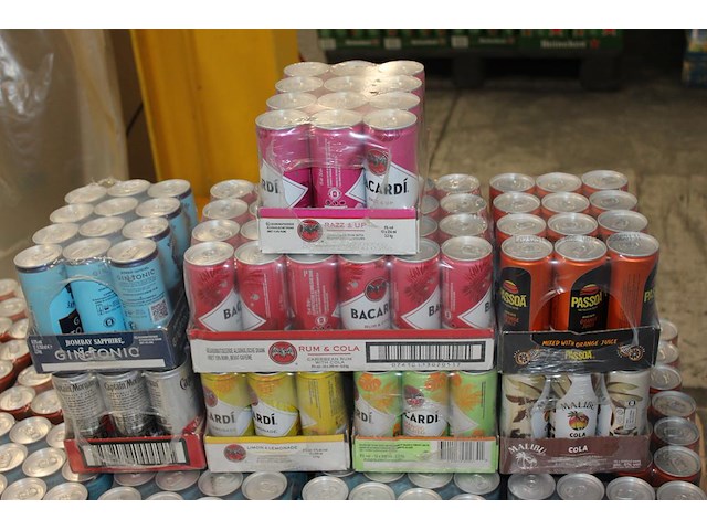 Acht verpakkingen mixdranken w.o. bacardi, malibu, passoa en captain morgan. tht vnl. 2026. totaal 108 blik... - afbeelding 1 van  2