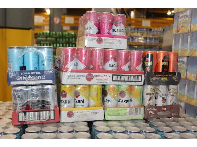 Acht verpakkingen mixdranken w.o. bacardi, malibu, passoa en captain morgan. tht vnl. 2026. totaal 108 blik... - afbeelding 2 van  2