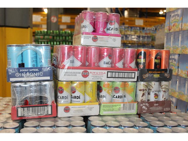 Acht verpakkingen mixdranken w.o. bacardi, malibu, passoa en captain morgan. tht vnl. 2026. totaal 108 blik... - afbeelding 1 van  1