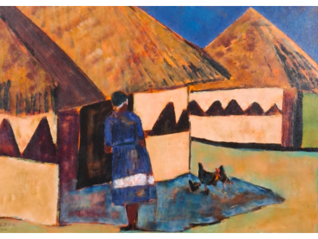 Acryl op doek, maya wildevuur, afrikaans dorp - afbeelding 1 van  7