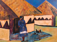Acryl op doek, maya wildevuur, afrikaans dorp