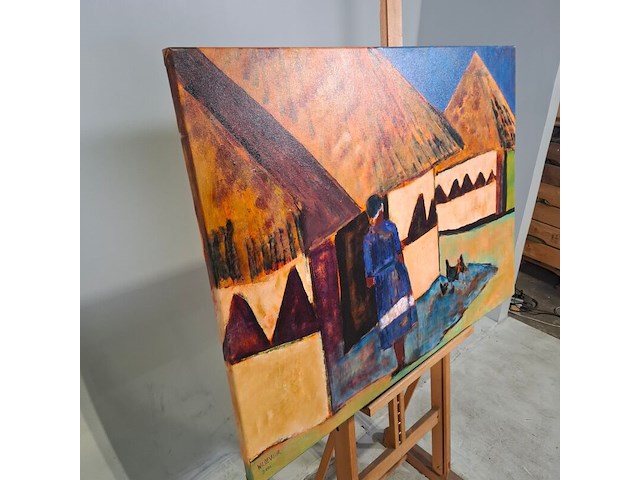 Acryl op doek, maya wildevuur, afrikaans dorp - afbeelding 5 van  7