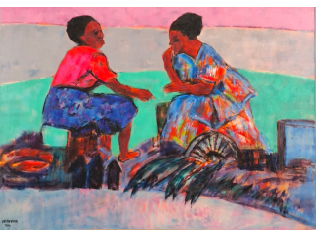 Acryl op doek, maya wildevuur, afrikaanse vrouwen - afbeelding 1 van  8