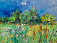 Acryl op doek, maya wildevuur, bloemenveld, 1999
