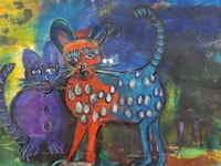 Acryl op doek, maya wildevuur, poes, 1995