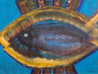 Acryl op doek, maya wildevuur, vis