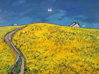 Acryl schilderij, maya wildevuur, bloemenveld, 1997