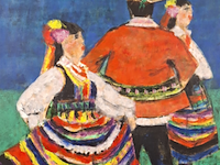 Acryl schilderij, maya wildevuur, folkloredansers, 1993 - afbeelding 1 van  8