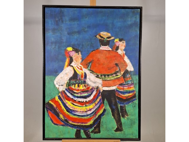 Acryl schilderij, maya wildevuur, folkloredansers, 1993 - afbeelding 2 van  8