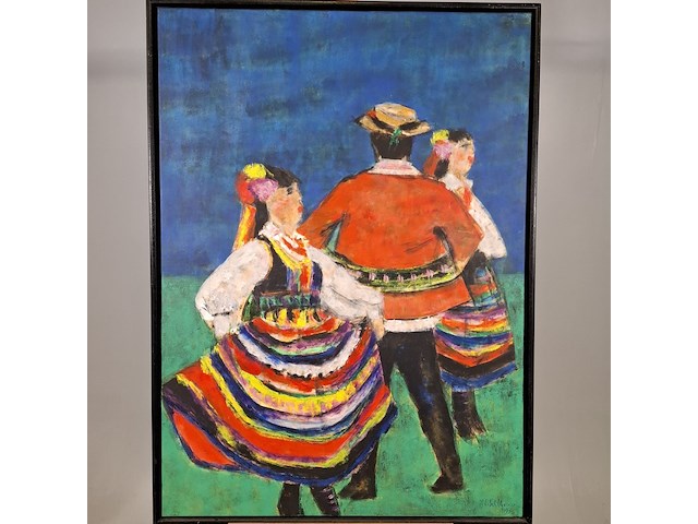 Acryl schilderij, maya wildevuur, folkloredansers, 1993 - afbeelding 3 van  8