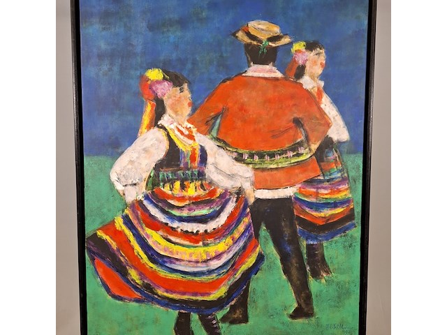 Acryl schilderij, maya wildevuur, folkloredansers, 1993 - afbeelding 4 van  8