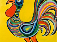 Acryl schilderij, maya wildevuur, haan, 2013