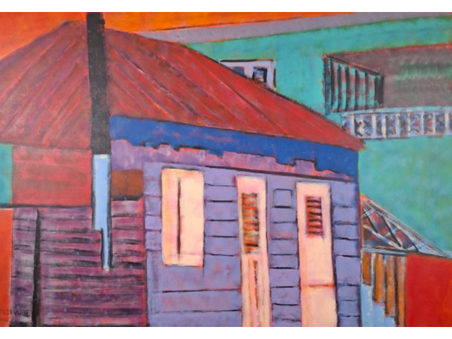 Acryl schilderij, maya wildevuur, huizen curaçao , 2001 - afbeelding 1 van  8