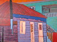 Acryl schilderij, maya wildevuur, huizen curaçao , 2001 - afbeelding 1 van  8