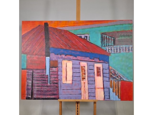 Acryl schilderij, maya wildevuur, huizen curaçao , 2001 - afbeelding 2 van  8