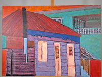 Acryl schilderij, maya wildevuur, huizen curaçao , 2001 - afbeelding 2 van  8