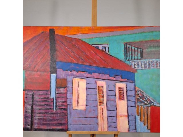 Acryl schilderij, maya wildevuur, huizen curaçao , 2001 - afbeelding 3 van  8