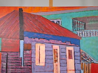 Acryl schilderij, maya wildevuur, huizen curaçao , 2001 - afbeelding 3 van  8