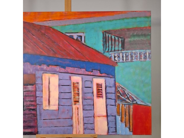 Acryl schilderij, maya wildevuur, huizen curaçao , 2001 - afbeelding 4 van  8