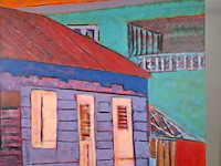 Acryl schilderij, maya wildevuur, huizen curaçao , 2001 - afbeelding 4 van  8