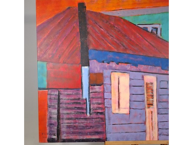 Acryl schilderij, maya wildevuur, huizen curaçao , 2001 - afbeelding 5 van  8