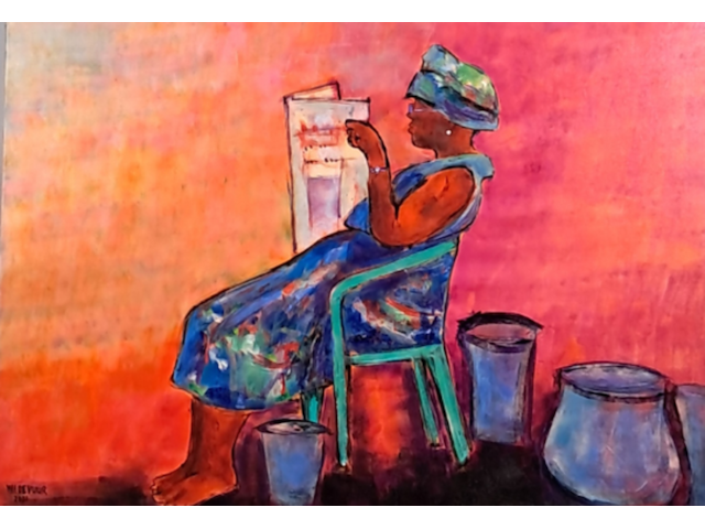 Acryl schilderij, maya wildevuur, lezende vrouw, 2001 - afbeelding 1 van  8