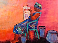 Acryl schilderij, maya wildevuur, lezende vrouw, 2001 - afbeelding 1 van  8