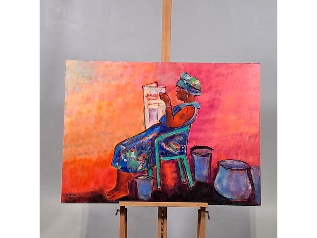 Acryl schilderij, maya wildevuur, lezende vrouw, 2001 - afbeelding 2 van  8