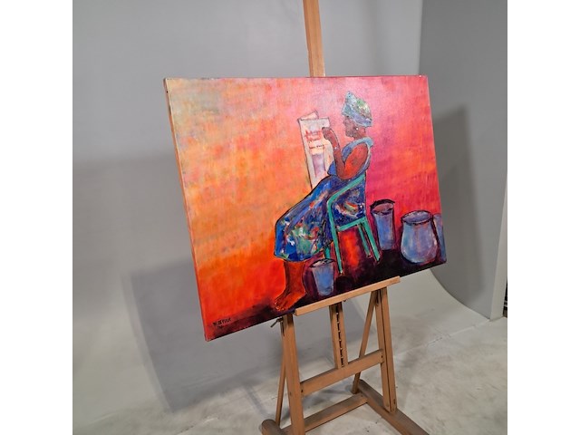 Acryl schilderij, maya wildevuur, lezende vrouw, 2001 - afbeelding 3 van  8