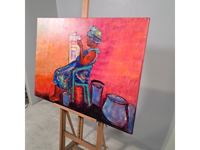 Acryl schilderij, maya wildevuur, lezende vrouw, 2001 - afbeelding 4 van  8