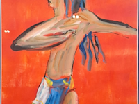 Acryl schilderij, maya wildevuur, ode aan knossos, 1990