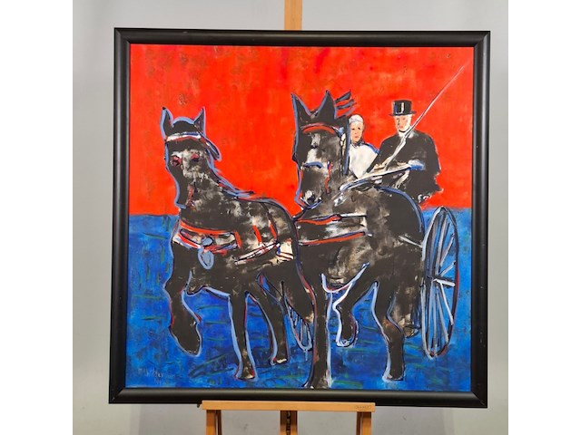 Acryl schilderij, maya wildevuur, paarden met rijtuig, 1996 - afbeelding 1 van  7