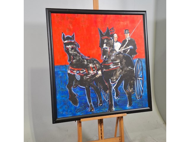 Acryl schilderij, maya wildevuur, paarden met rijtuig, 1996 - afbeelding 2 van  7