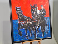 Acryl schilderij, maya wildevuur, paarden met rijtuig, 1996 - afbeelding 2 van  7